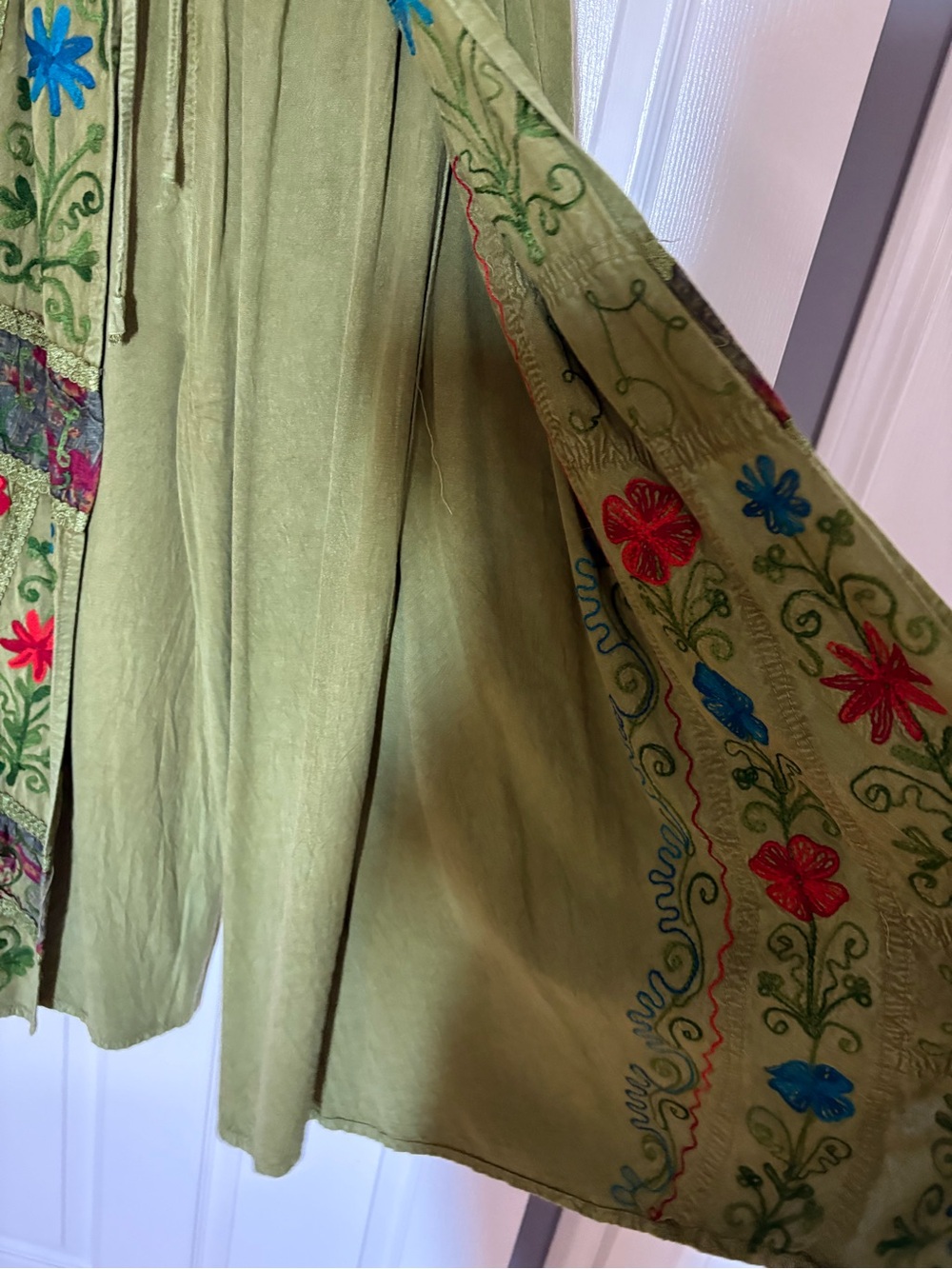 Olive Green Wide-Leg Embroidered Women's Pants - Picture 4 of 11